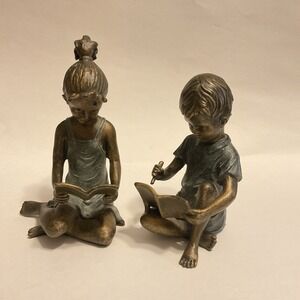 Vintage SPI Home Pair of Cast Brass Hand Painted Boy & Girl Bookends